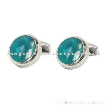 Stainless Steel Cufflinks with Green Synthetic Stones, Concise and Fashionable
